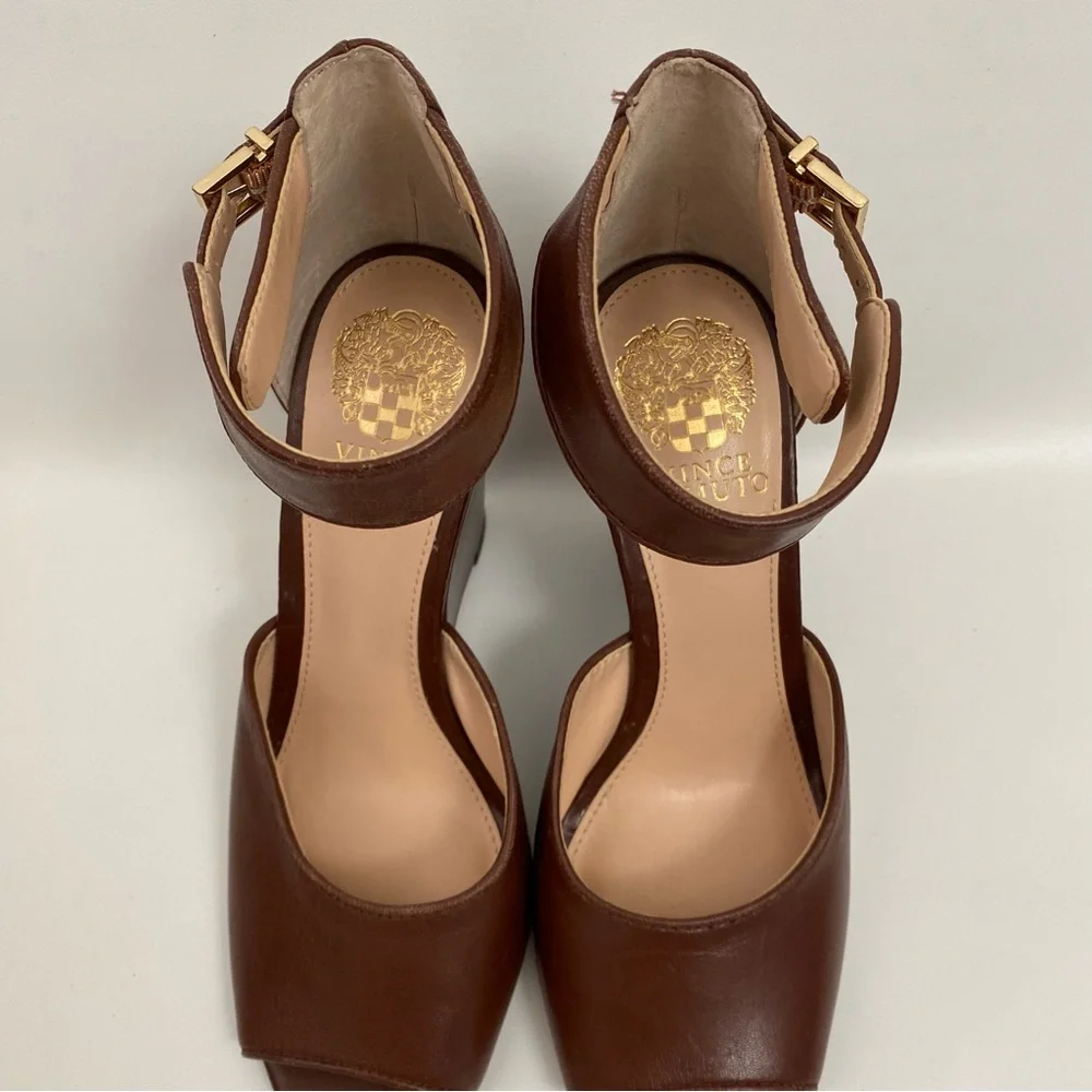 Vince Camuto Peep Toe Wedge Ankle Strap Size 7 Brown Heeled Sandals Women’s - Picture 7 of 14